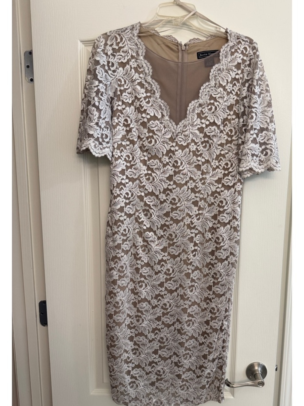 Jessica Howard Taupe Dress with Ivory Lace Overlay